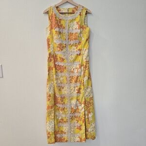 Lilly Pulitzer Vintag Yellow Floral Sleeveless Midi Dress with Lace Trim Size 12